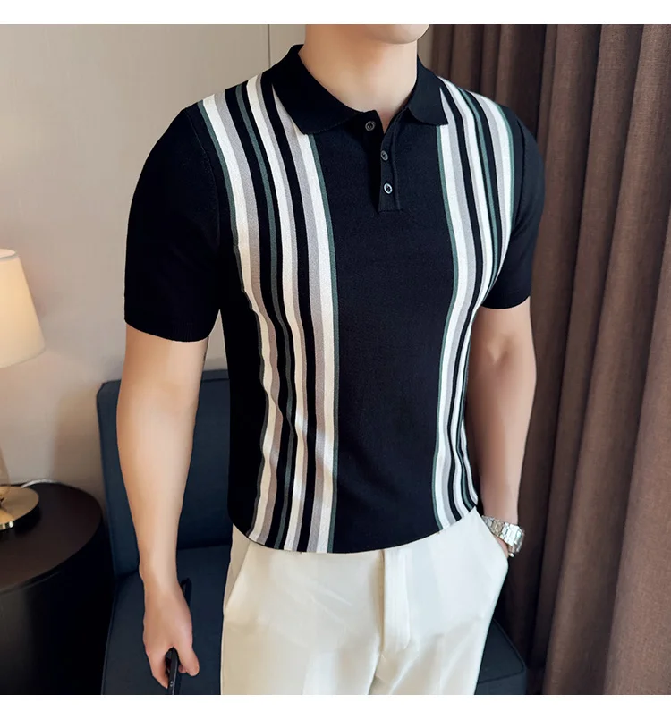 Description Picture 4 of itemMen's Business Casual Pullover 2024 High Quality, Vintage Stripe Stretch Polo Shirt Slim Fit Men's Turn-down Collar Short Sleeve