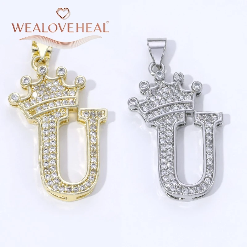 18K Vergoldeter Messing A-Z Kronen-Initial-Anhänger, mit Zirkonia besetzt, 26 Buchstaben-Charms für DIY Halsketten und Schmuckherstellung – Detail 39