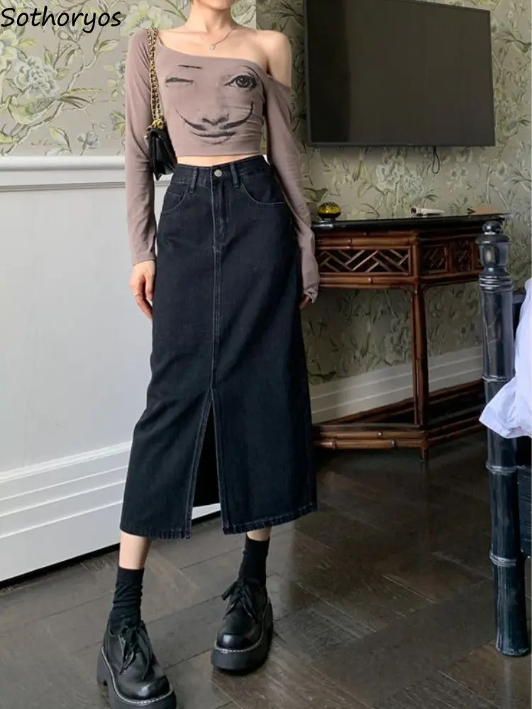 Skirts Women Denim Retro Washed Ulzzang High Waist Streetwear Vintage All-match Front-slit Design Chic Female Student Mid-calf