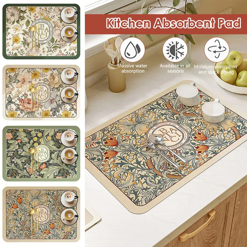 

2 Pcs Dish Drying Mat Super Absorbent Coffee Drain Pad Rubber Tableware Draining Pad Quick Dry Rug Kitchen Dinnerware Placemat