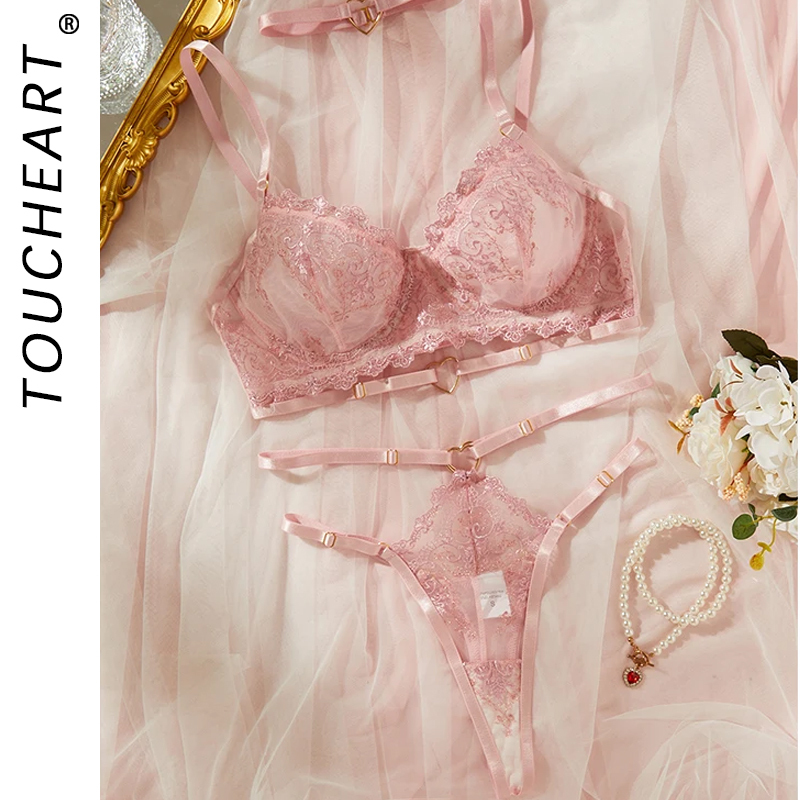 Toucheart Sexy Lingerie Comfortable Ultra-Thin Sexy Lace Printing Patchwork Mesh Semi-Transparent Push-Up Pink Underwear Set New