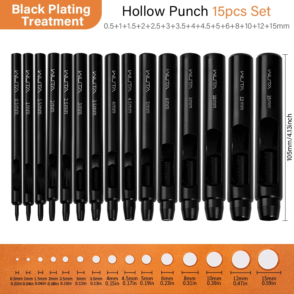 WUTA 5-15Pcs Basic Black Anti-rust Leather Hollow Punch Set Round Hole Puncher DIY Craft Working Tools Kit for Belt, Watch Strap