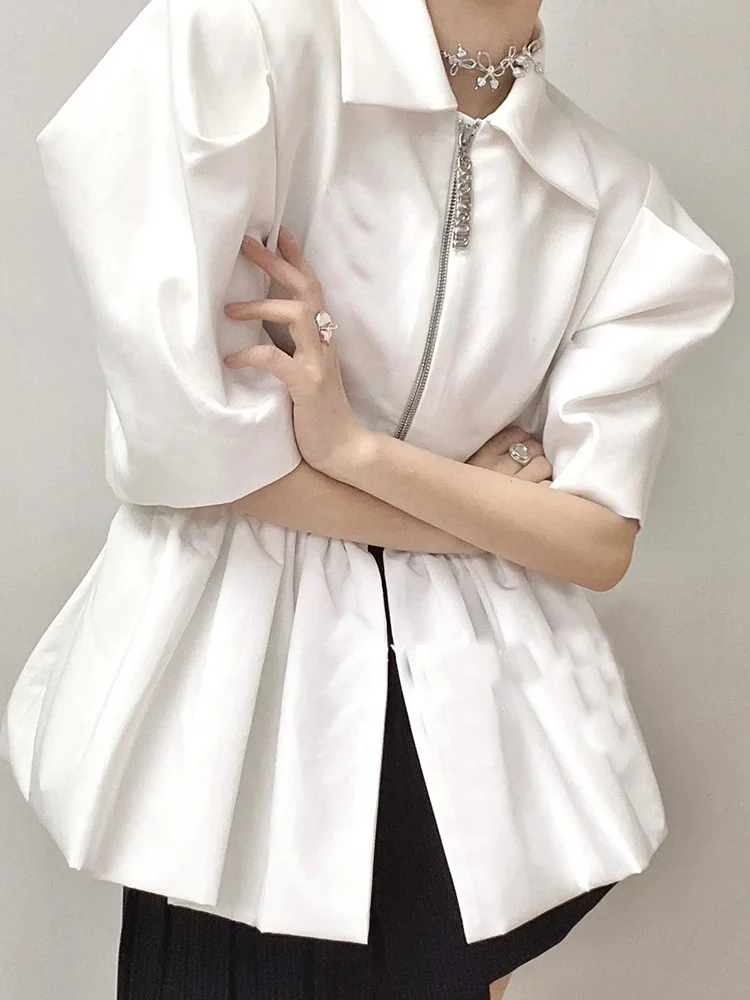 

Design Sense Niche Bubble Sleeve Zipper Split Jacket Shirt 2023 Spring New Versatile High Waisted Slimming Top