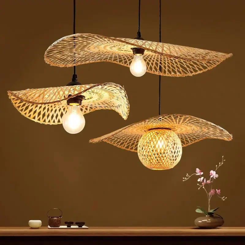 1Pcs Hand Woven Bamboo Pendant Lights Southeast Asia Dia 35cm Rattan Wicker Chandelier Dining Rroom Bamboo Art Lamp