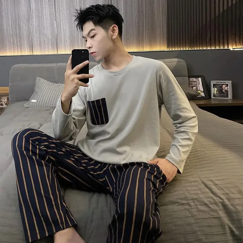 New Autumn Men's Pajama Set Double Pocket Comfortable Loose Fit Casual Style Simple Design Sleepwear Male Nightwear