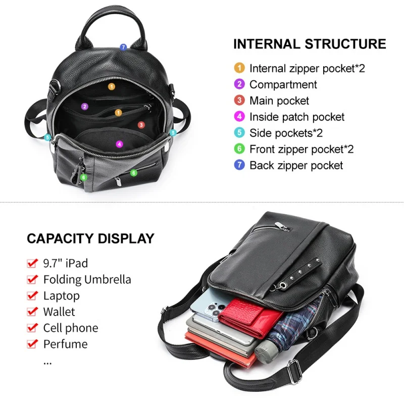 Fashion Genuine Leather Women's Backpack Large Capacity School Bag Multifunction Feminina Shoulder Bag Casual Travel Backpack