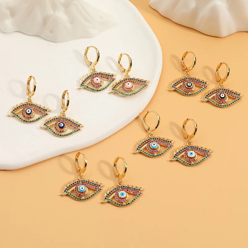 

ALLNEWME Vintage Multicolor CZ Cubic Zirconia Evil Eyes Dangle Earrings 14K Gold Plating Brass Hollow Enamel Earring for Women