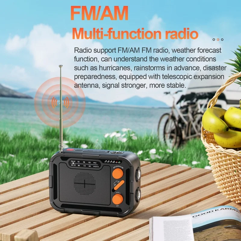 Hand Crank Solar Power Bank DC 5.0 Type C Input for iPhone 16 15 Samsung Powerbank with FM/AM Radio Flashlight Portable Charger 4