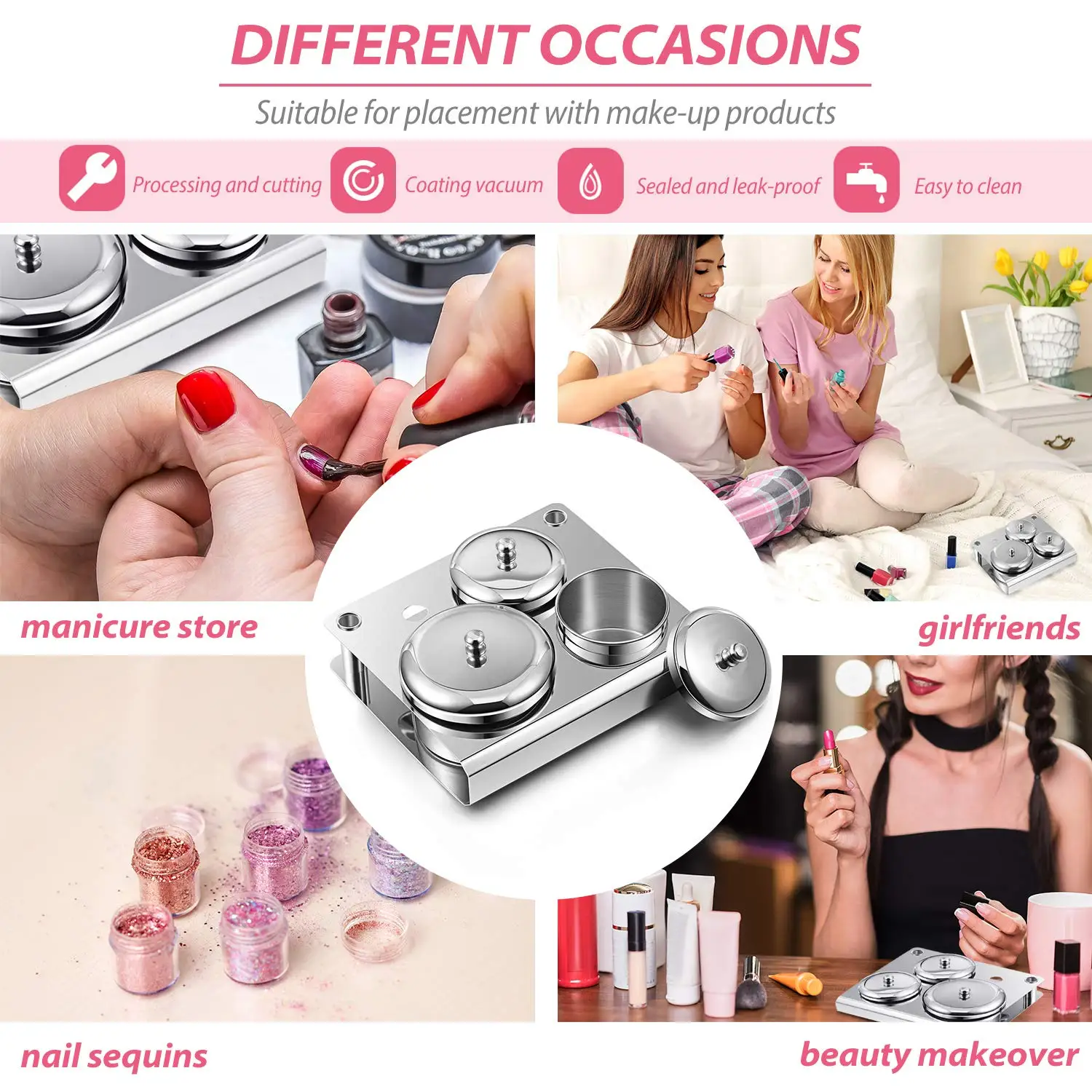 3 Pcs Acrylic Liquid Container Stainless Steel Acrylic Liquid Powder Cup Holder Container with  Lids Manicure Tray Dappen Dish 6
