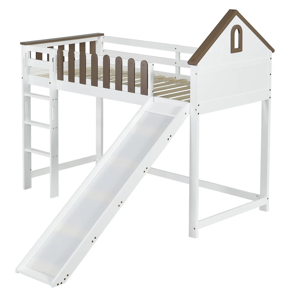 90x200cm Hochbett, mit Dach und Fenster, mit dreistufiger gerader Leiter, Jugendbett, Kinderbett mit Rutsche, Weiß+Walnuss – Detail 19