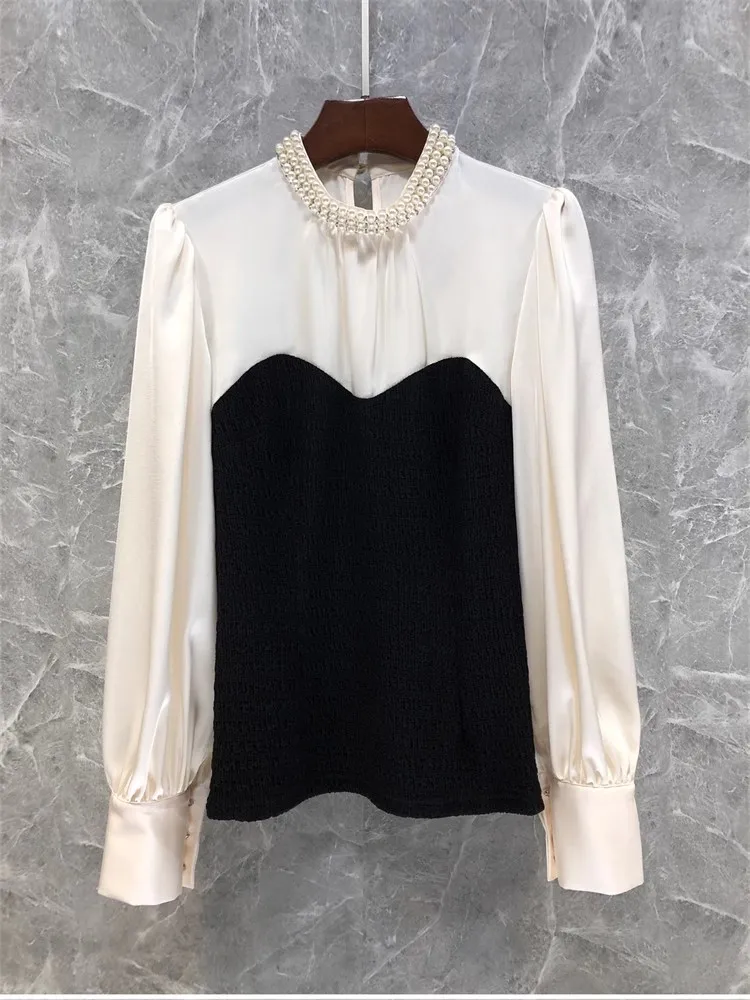 

High Quality New Chiffon Blouses 2024 Spring Summer Tops Women Beading Deco Black White Color Block Elegant Work Blouses OL