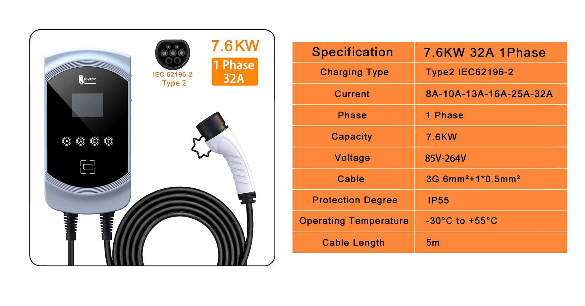 feyree EV Charger 32A 7.6KW Electric Vehicle Car Charger EVSE Wallbox 11KW 22KW 3Phase Type2 Cable IEC62196-2 Socket APP Control 114