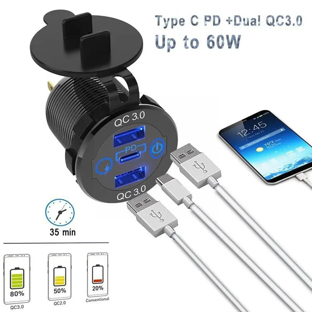Ʈ ˷̴ ݼ ġ USB-C  ڵ ,  2 Ʈ , QC3.0 ڵ  T7R1, 12V, 24V, 60W