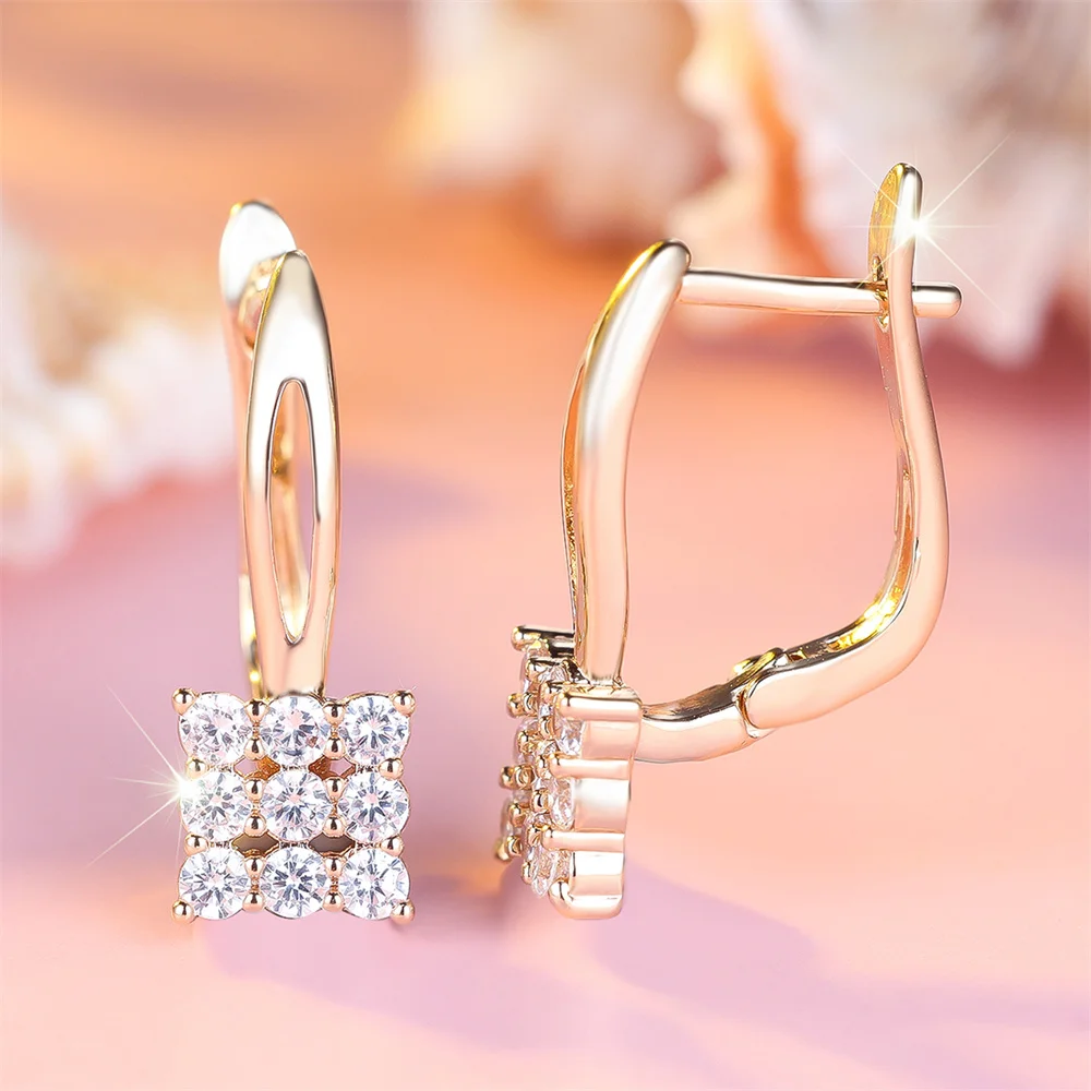 White Zircon Small Round Stone Square Hoop Earrings For Women Vintage Gold Color Fashion Ear Buckle Wedding Jewelry Party Gifts