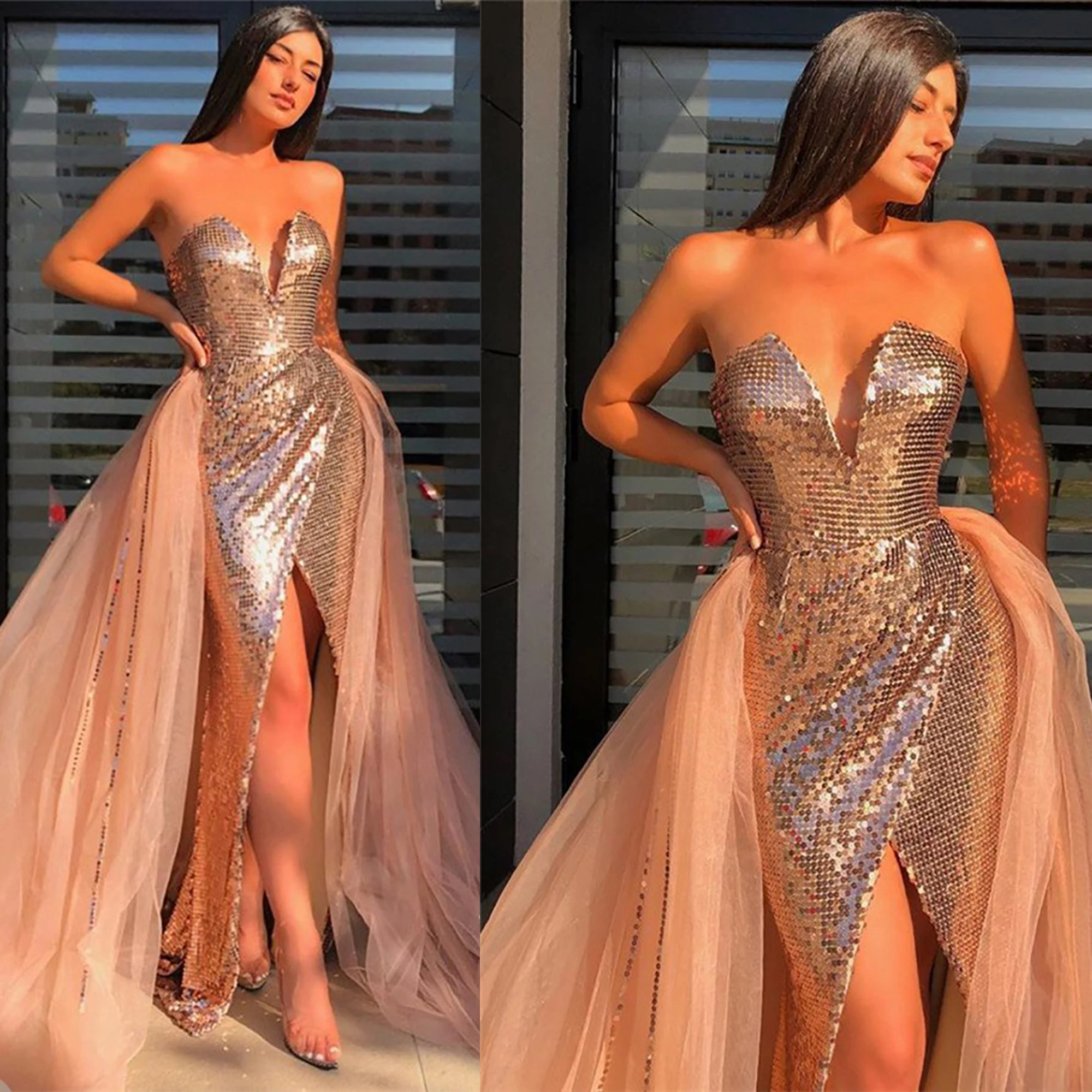 

Elegant Prom Dresses Sexy Sweetheart Sequin Appliques Lace Party Evening Gowns Custom Made Sweep Train Runway Fashion Prom Wear