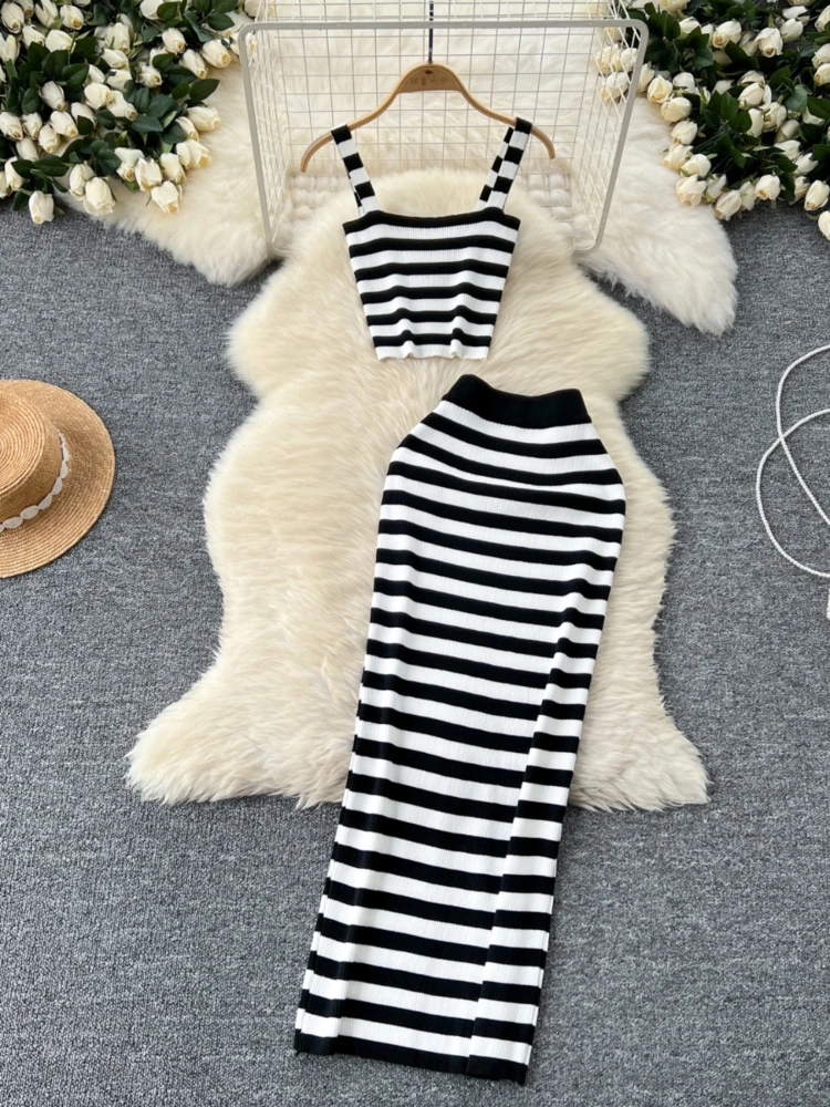 TAVIMART  -  Casual Women Striped 2 Piece Set Sleeveless Cropped Camis Top and Elastic Waist Straight Leg Long Pants Loungewear Suits