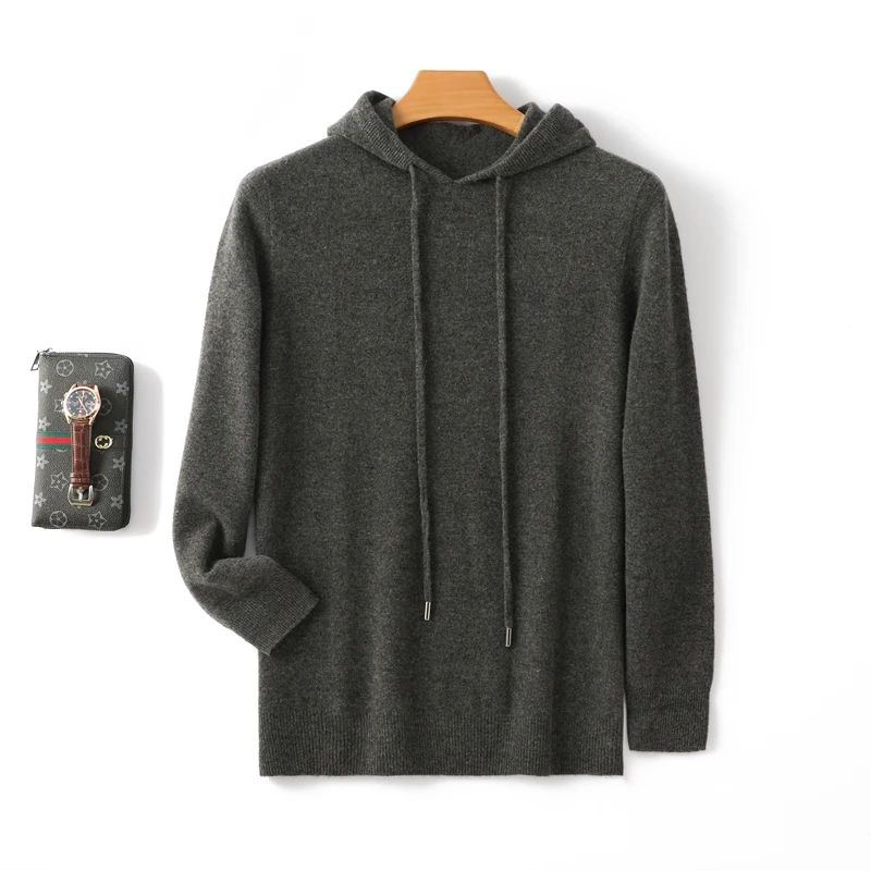 Autumn and winter cashmere sweater men's hooded loose sweater 100% pure wool solid color bottoming sweater