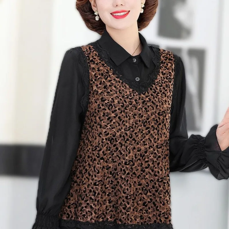 Versatile Women's Lapel Spring Women's Fashion Casual Loose Lace Leopard Print Fake Two-piece Patchwork Medium Length Top