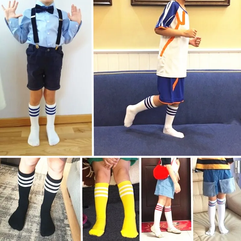 Knee High Socks Children Girls Boys Football Stripes Cotton Athletic Sports White Long Tube Mid-Calf