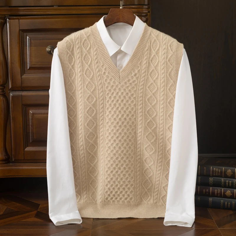 Casual men's V-neck wool vest solid color knitted sleeveless sweater loose jacket new men's Australian wool pullover vest
