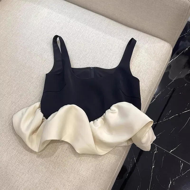 

High end contrasting color patchwork wave lace hem suspender vest for women's 2024 summer stunning top