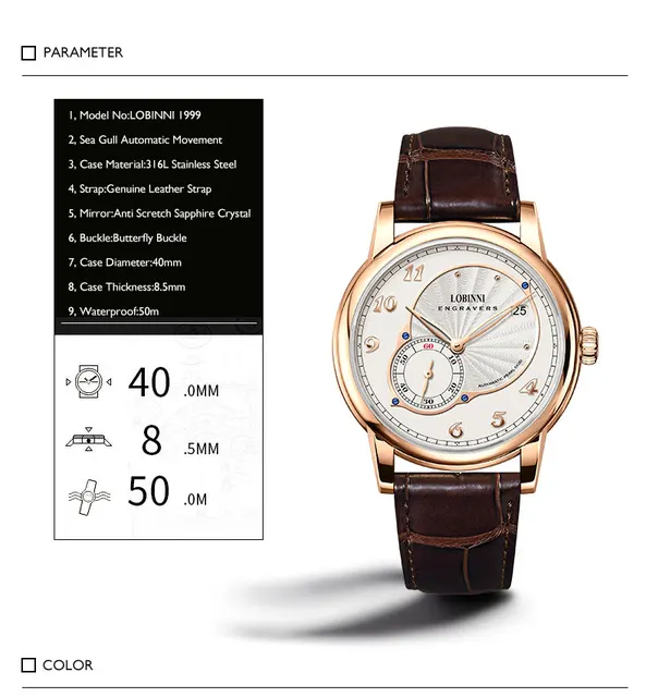 LOBINNI Ultrathin Automatic, Sapphire, 50M Waterproof - Image 2