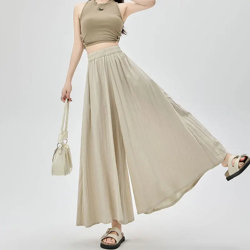 Summer New Fashion Lazy Wide Leg Pants Women's Elastic High Waist Patchwork Pockets Loose Casual Coolness Thin Straight Trousers