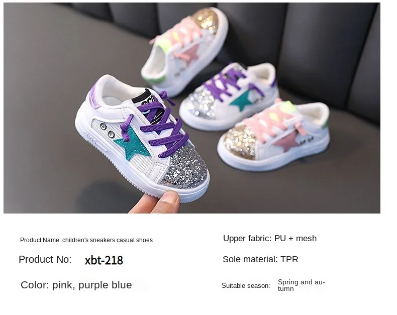 Description Picture 3 of itemChildren New Casual Sneakers Fashion Glitter Sequins Soft Bottom Breathable Board Sneaker Shoes Baby Girls Lace Up Sports Shoes