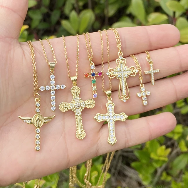 Delicate Luxurious Gold Color Cross Zircon Pendant Necklace For