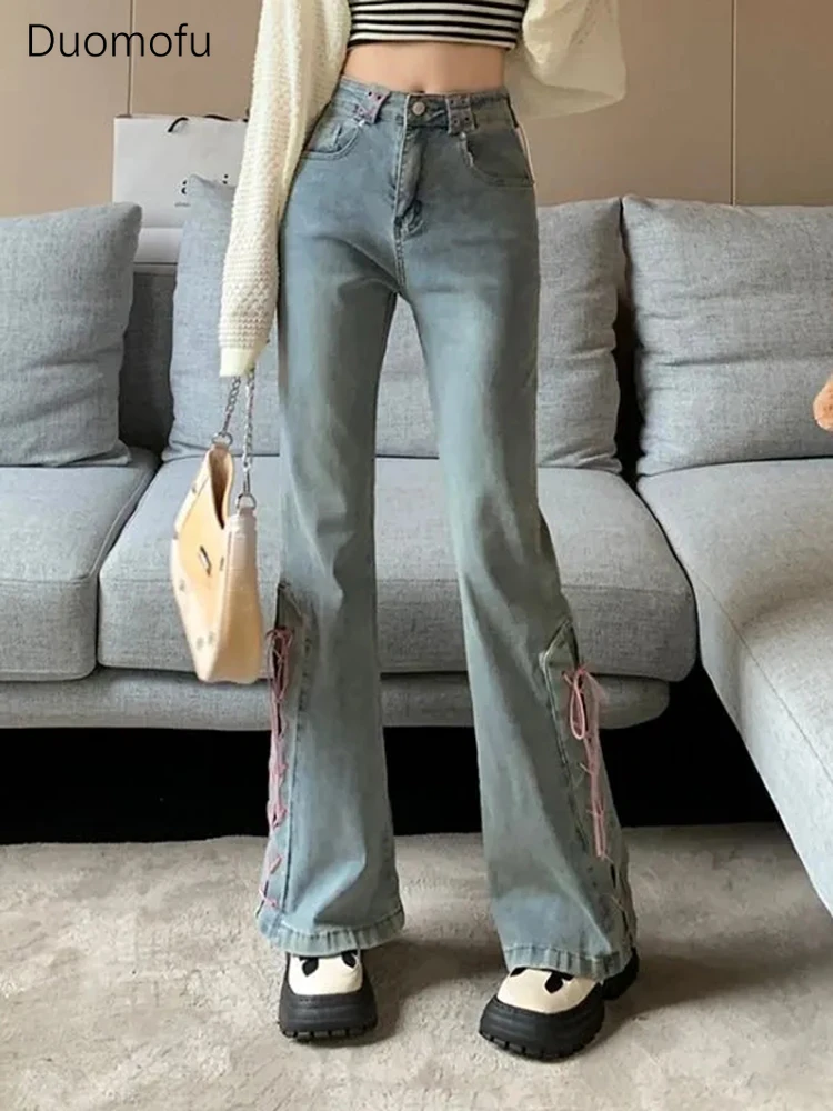 

Duomofu Blue Vintage Washed Chicly Pink Lace-up Women Jeans Summer Sexy High Waist Slim Fashion Casual XS-2XL Female Flare Jeans