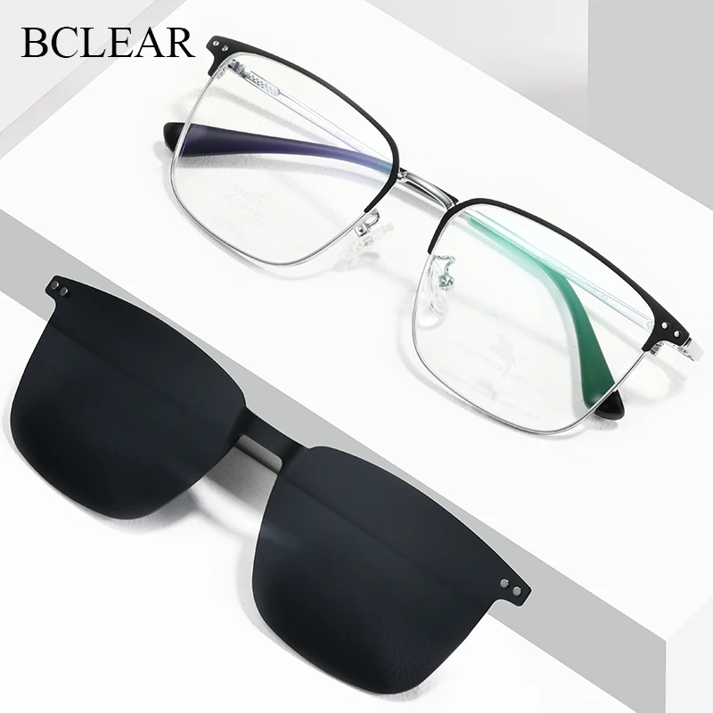 BCLEAR Fashion Optical Spectacle Frame Men With Clip On Sunglasses