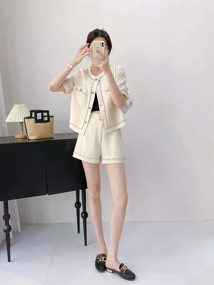 

Женский костюм из двух предметов, повседневный костюм ручной работы во французском стиле с коротким рукавом и бисером, лето