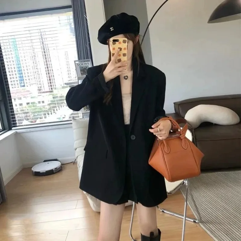 

UNXX Women Spring Autumn Retro Casual Short Sleeved Blazer Coats Commuting Solid Color Loose Single Breasted Suit Collar Jacket
