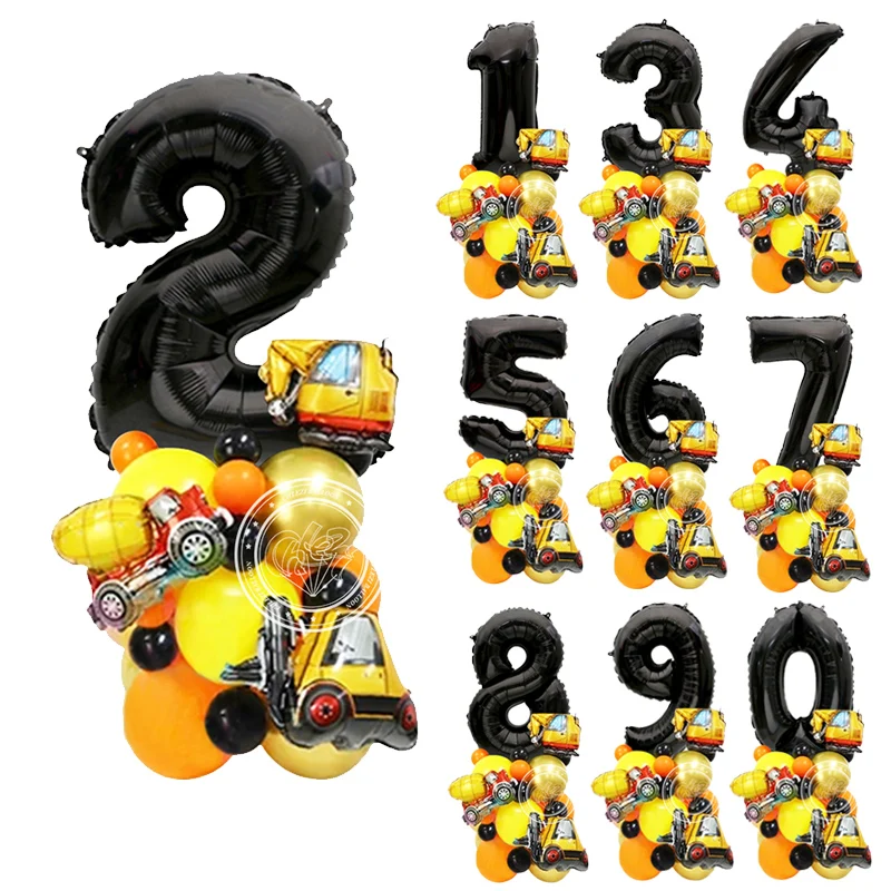 30 stücke große schwarze Nummer Ballon Set Mini Bagger Gabelstapler Tank Auto Engineering Auto Thema Baby Boy Geburtstags feier Dekoration
