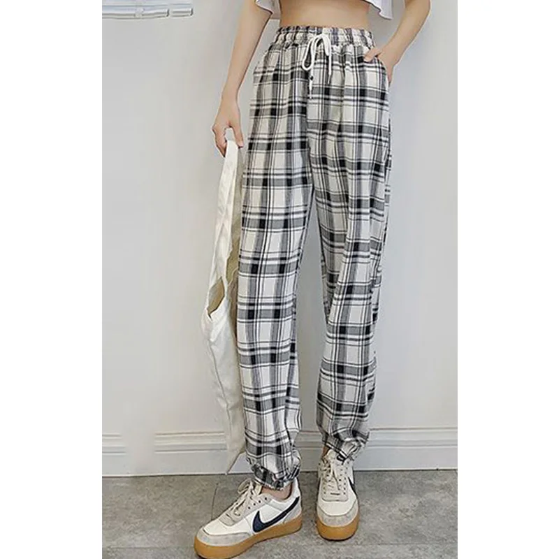 Fashion Color Blocking Plaid Print Jogger Pants Spring Autumn Bandage Pockets Higt Waist Loose Harem Nine Points Trousers Female