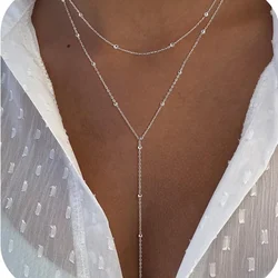Elegant Stainless Steel Y - Shaped Tassel Necklace with Cubic Zirconia (Silver - 02)