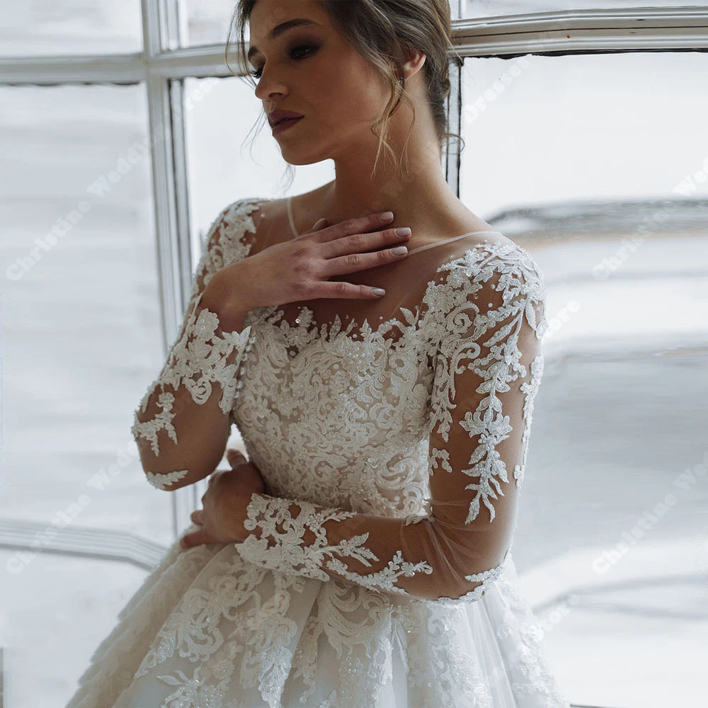 Summer Bright White Women Wedding Dresses A-line Long Sleeves Bridal Gowns Formal Round Neck Beach Gathering Vestidos De Novia