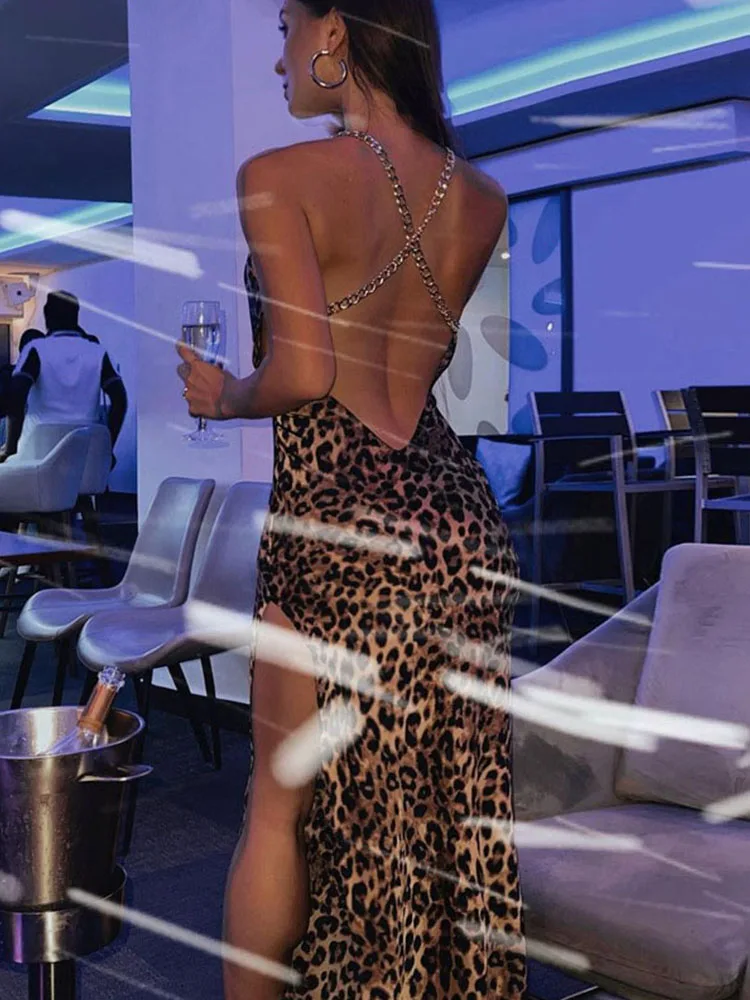 Leopard Print Women Chain Strap Side Slit Maxi Dress Backless Bodycon Sexy Streetwear Festival 2025 Evening Elegant