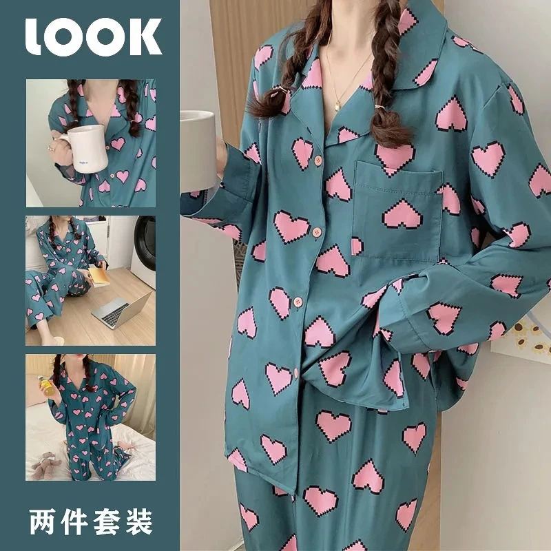 Spring and Autumn New style Pajamas for Girls Cute Pink Love Double long cardigan Small lapel Casual Sweet Pajamas for Girls