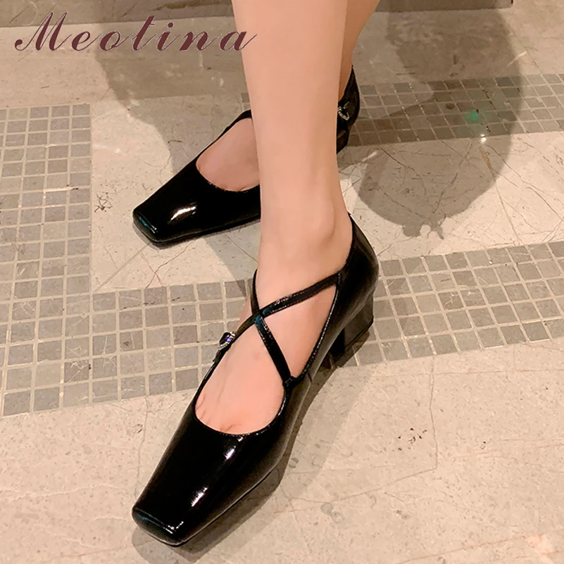 

Meotina Women Genuine Leather Square Toe Block Mid Heel Pumps Buckle Ladies Fashion Wedding Shoes Spring Autumn Wine red Silver