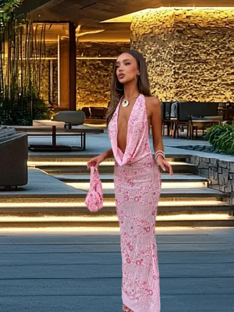 Avrilyaan Beaded Deep V Party Sexy Dresses Backless Bandage Bodycon Elegant Evening Long Dress Women 2024 Summer Dress Vestidos