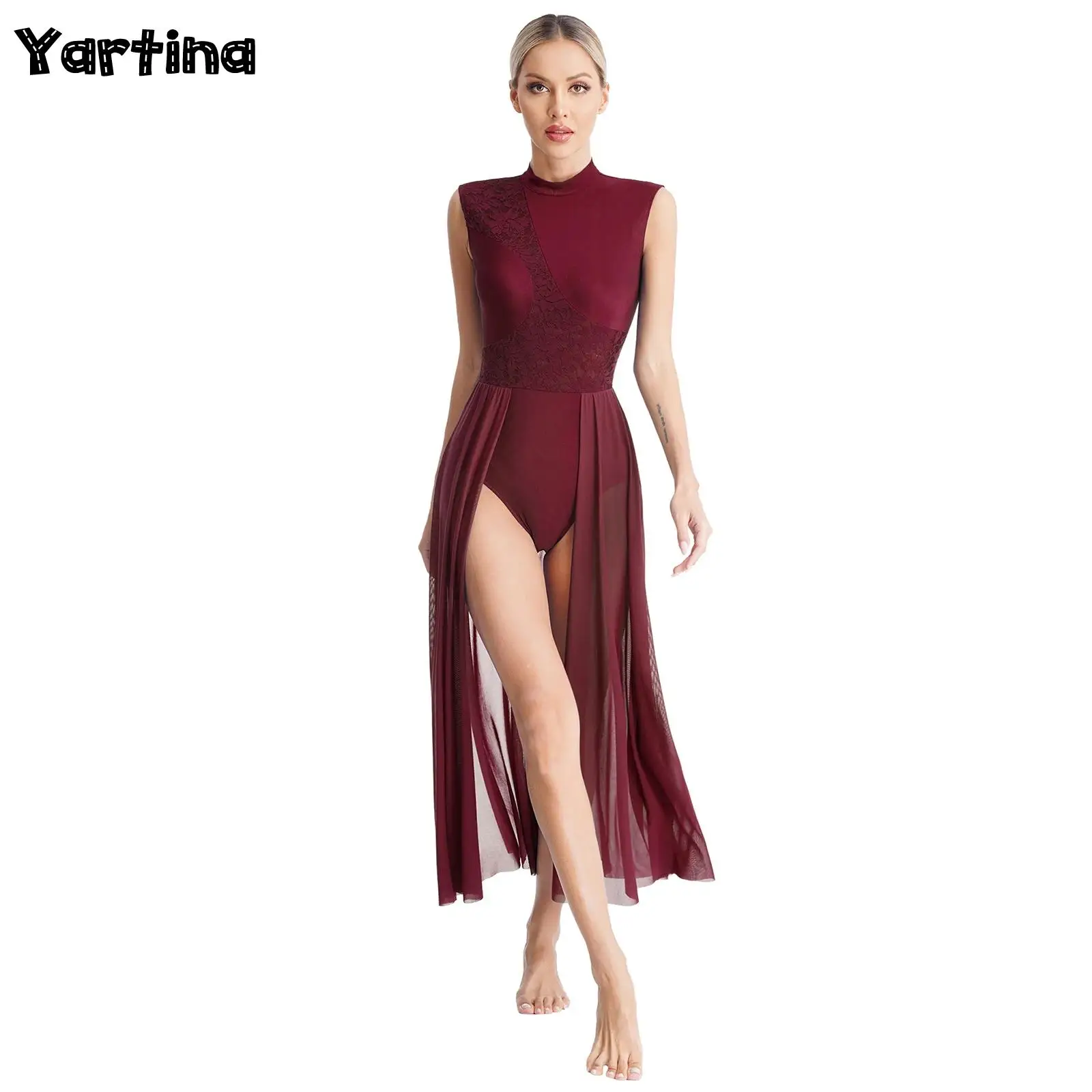 

Womens Floral Lace Patchwork Ballet Lyrical Dance Performance Dress Mock Neck Open Back Sleeveless Gymnastics Leotard Dresses