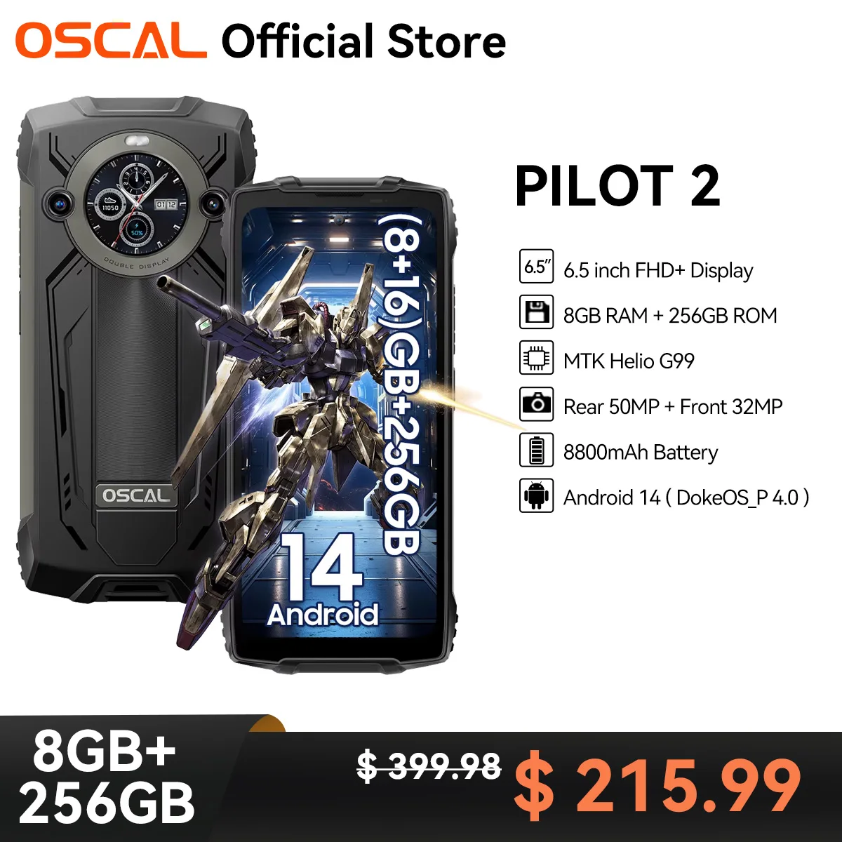 [World Premiere] OSCAL PILOT 2 Rugged Phone, 6.5-inch FHD+ Display, 8800mAh 45W,  Mobile phone Android 14, Dual LED Flashlights