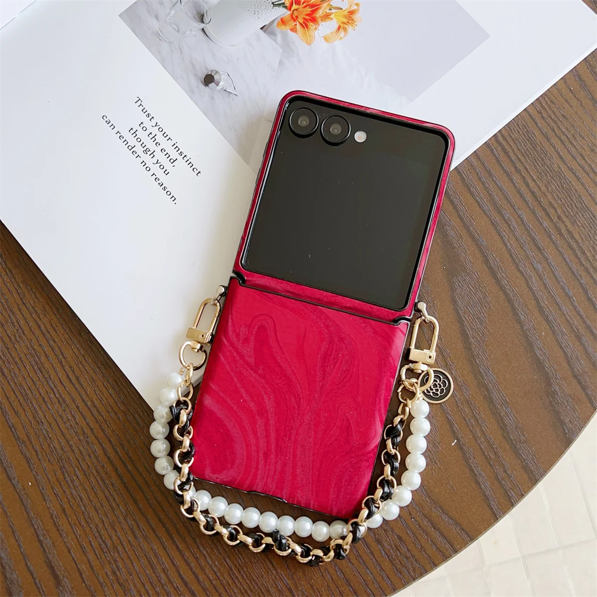 Velvet Water Ripple Phone Case with Pearl Strap - Fashionable Style