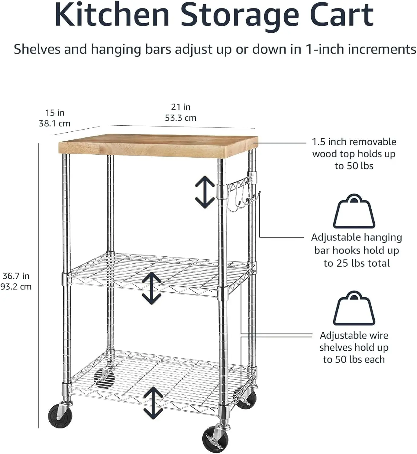 Amazon Basics Portable Kitchen 3-Tier Storage Rack on Caster Wheels with Adjustable 2 Shelves, 175 Pound Capacity, 21 x 15 x 36. 4