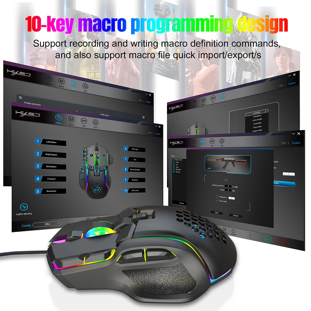 ORZERHOME 12800 DPI RGB 10 Keys Wired Gaming Mouse Adjustable USB Programmable Wired Mice Ergonomic Gamer Mouse for pc Laptop