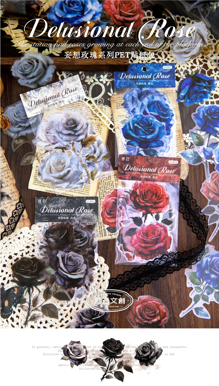 10 pcs/pack Large size rose Stickers Decorative Stick Labels Diary Album Scrapbooking material DIY junk journal supplies