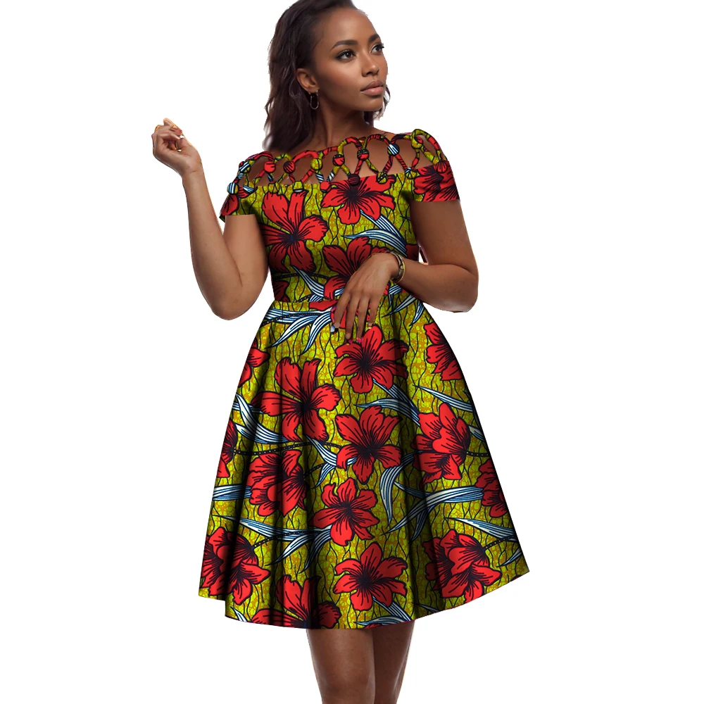 BintaRealWax 여성용 아프리카 드레스, 코튼 로프 직조 칼라, 아프리카 프린트 왁스 의류, 무릎 길이 레이디 드레스, WY335