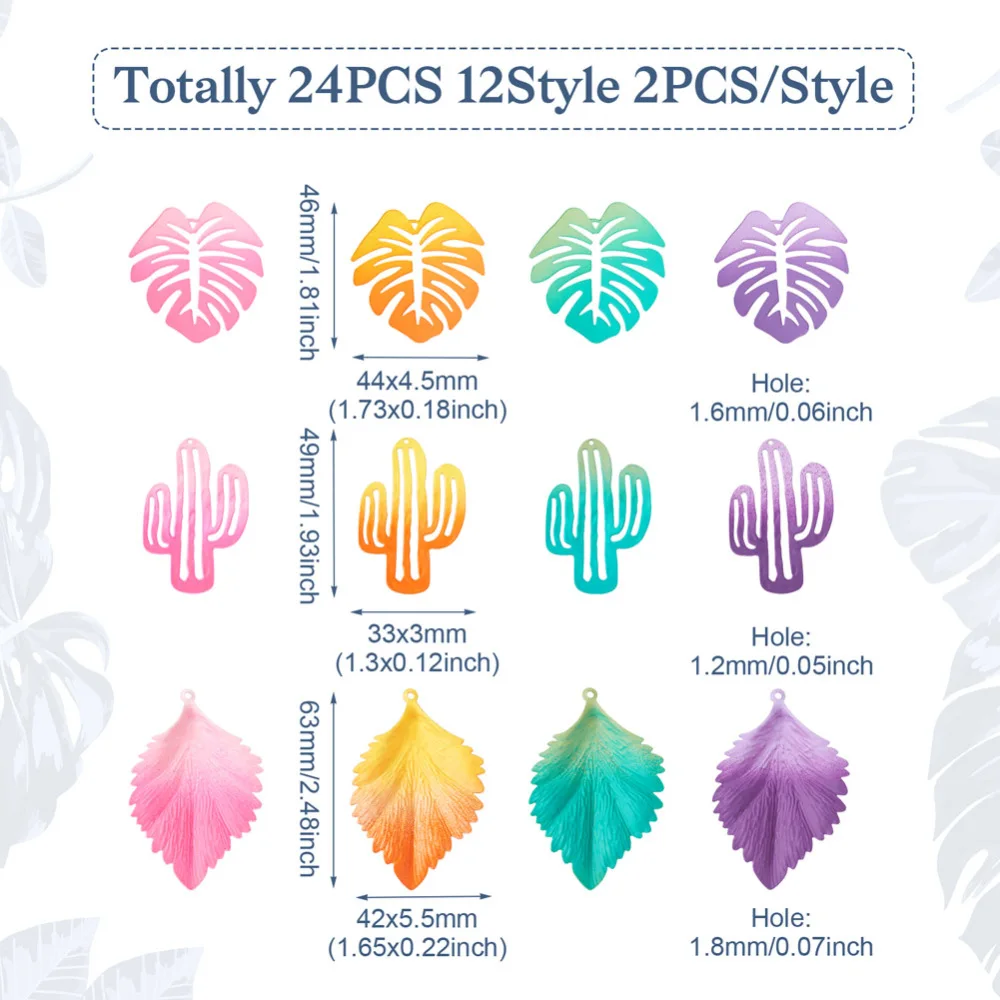 24Pcs Gradient Cactus Monstera Leaf Charms Colorful Plants Spray Painted Iron Pendants for Necklace Earrings Connectors Jewelry