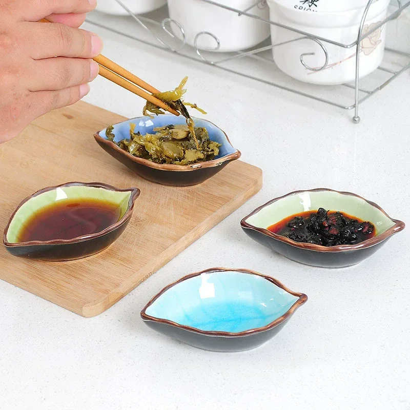 1/4PCS Leaves Ceramic Saucer Creative Ice Crack Glaze Leaf Ceramic Seasoning Soy Sauce Vinegar Plates Kitchen Multi-Purpose Dish